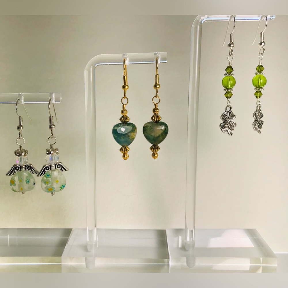 Set of three beautiful handcrafted heart and Four leafed Clover earrings